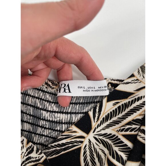 Zara Womens Large Sleeveless Maxi Dress Linen Blend Black White Leaf Print Chic - Picture 4 of 11